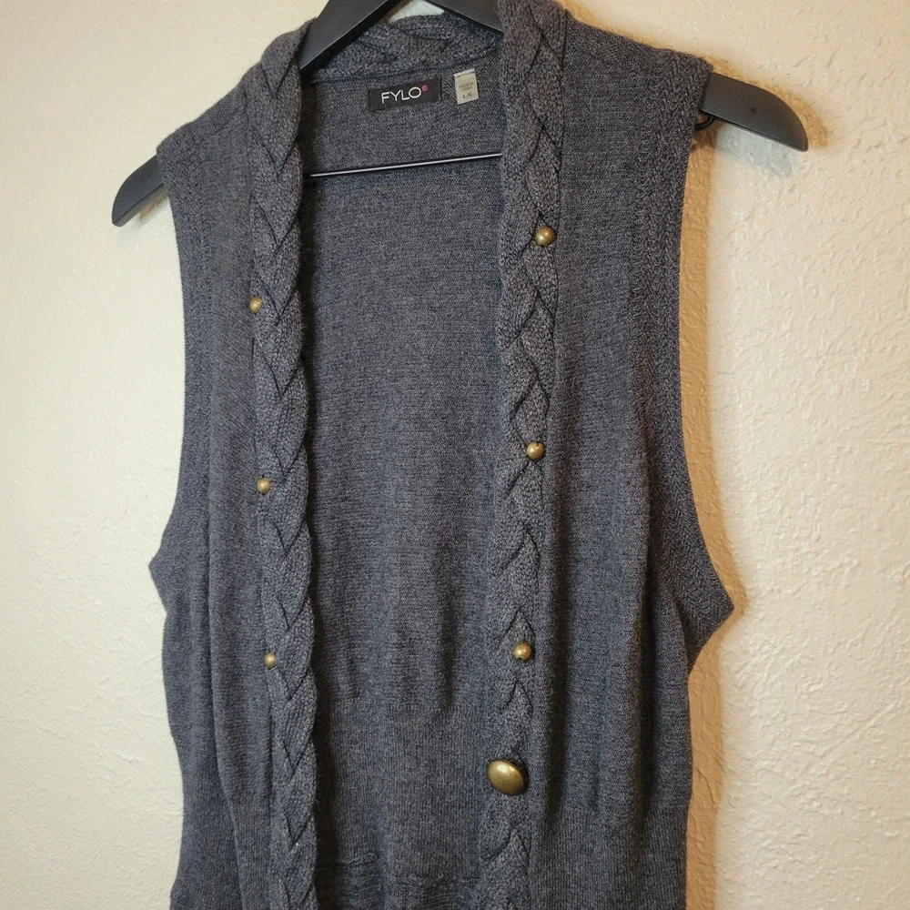FYLO Open Front Cardigan Vest Sweater Braided Hem Asymmetrical Grey Large‎ - Picture 3 of 15